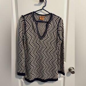 Tory Burch Blue and Oatmeal Tunic Sweater Size Small